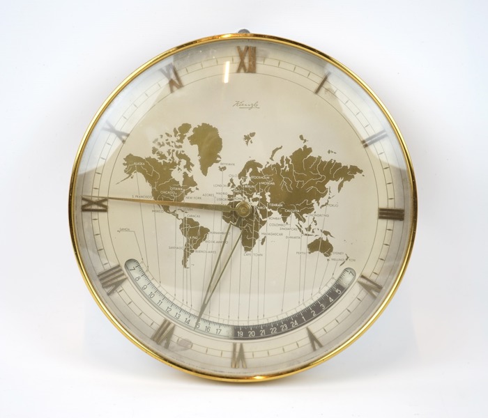 Heinrich Möller, väggur/världsklocka, mässing, Kienzle Uhrenfabrik, Tyskland.
