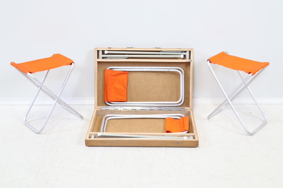 campingset, 5 delar, trä/metall/textil, 1900-tal.