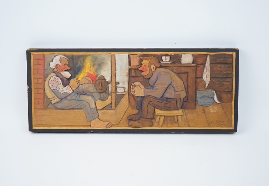 Hampe Svanberg, "Vid brasan", väggrelief, trä, monogramsignerad H.H.S.