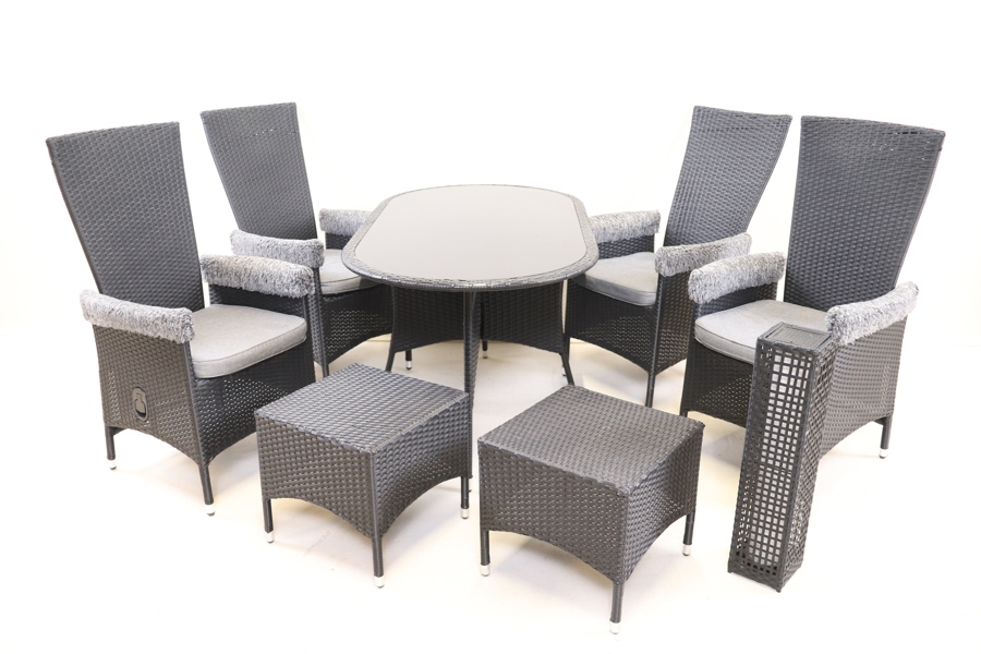 Trädgårdsgrupp, 8 delar, plastrotting/textil/glasskiva, Jutlandia.