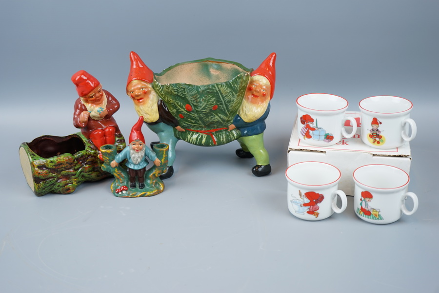 Tomtar, 3 st, keramik, och glöggmuggar, 8 st, porslin, Kronester Bavaria.
