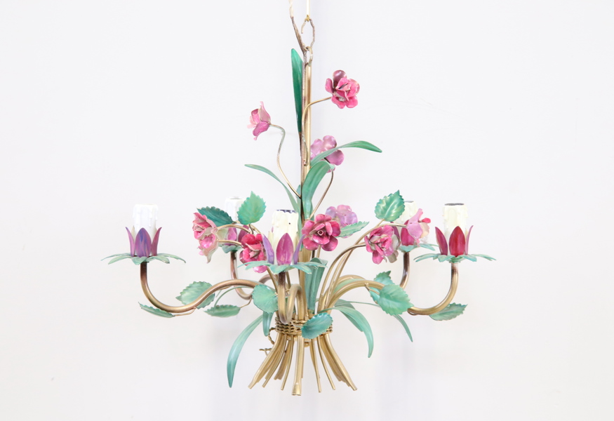 Taklampa, 5 ljuspunkter, metall, troligen italien, 1900-talets andra hälft.