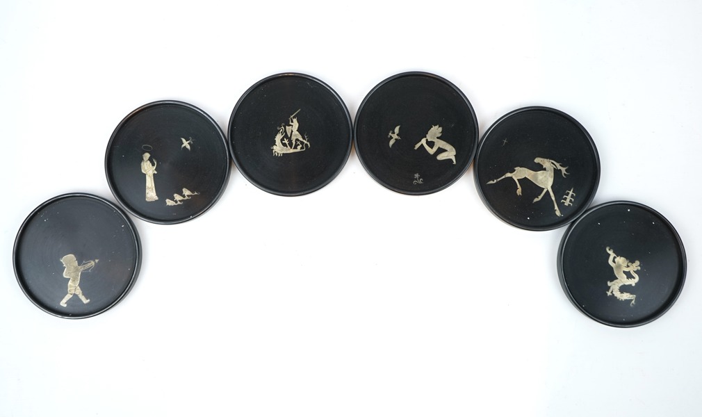 Coasters, 6 st, isolit med silverinlägg, T. Wendt.