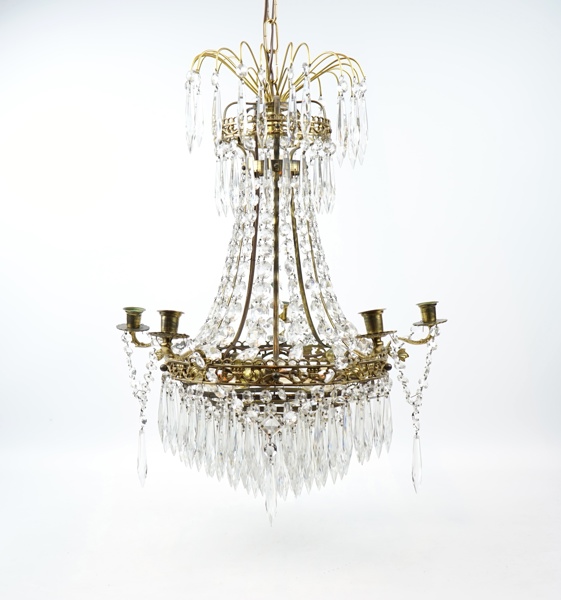 Takkrona, 5 ljus, 6 ljuskällor, glas/mässing.