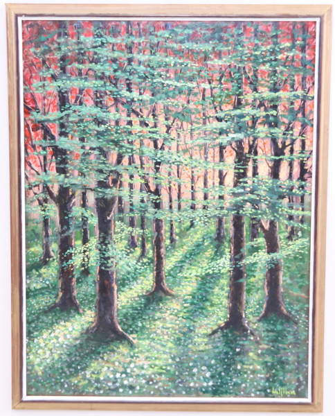 Leo Sjöbom, "Skånsk vårskog", olja på pannå, signerad.