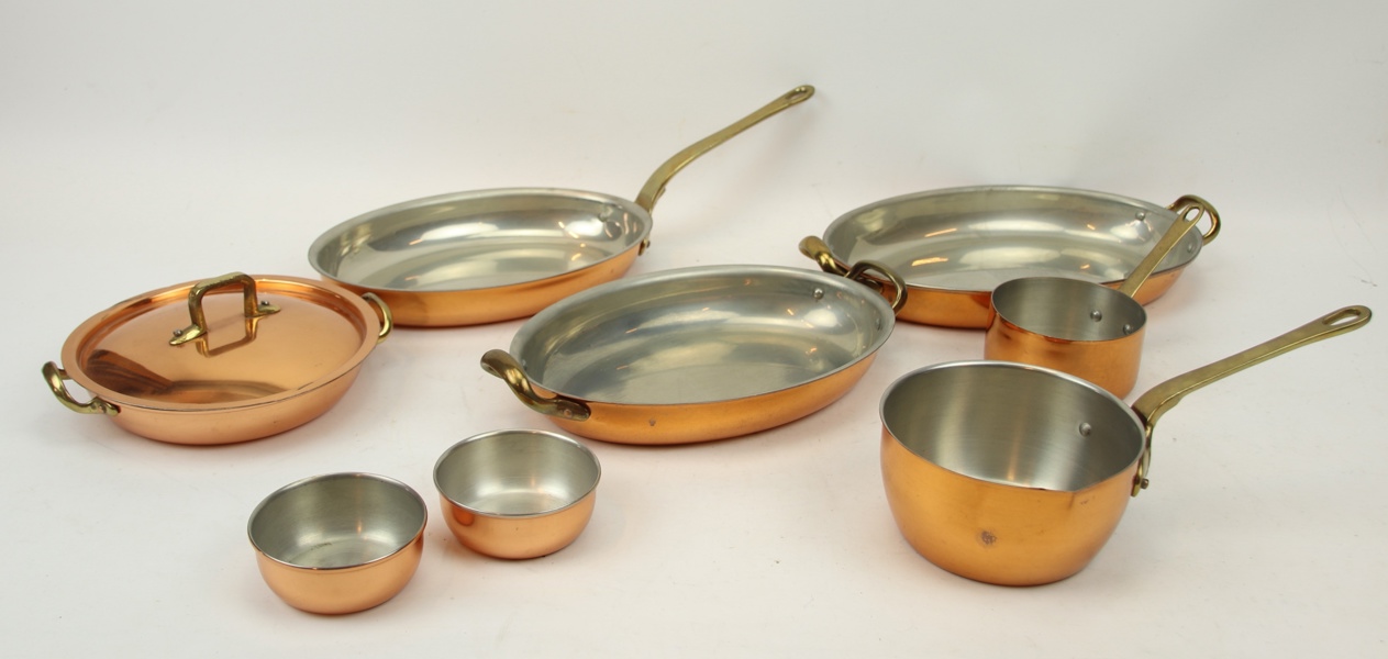 Traktörpannor m.m, 8 delar, koppar, Krögarhuset.