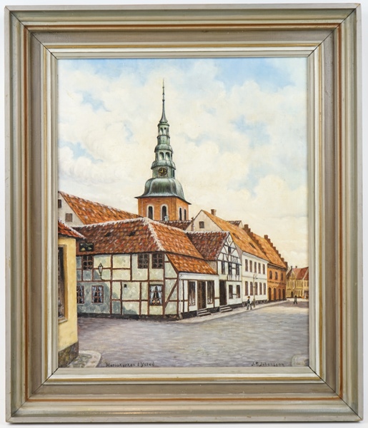 Oidentifierad konstnär, ''Mariakyrkan i Ystad'', olja på pannå, signerad J.T Johansson.