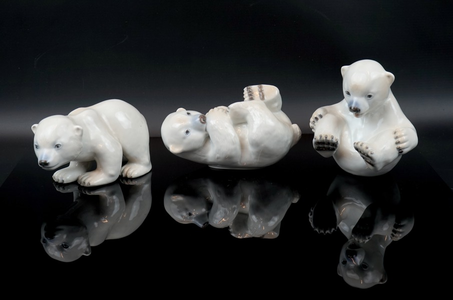 Merete Agergaard. figuriner, 3 st, porslin, isbjörnar, Royal Copenhagen.