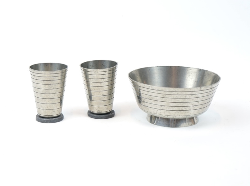 Carl-Einar Borgström, bägare och skål, 3 delar, tenn, Ystad Tenn, 1930.