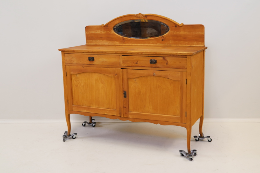 Skänk med spegel, 2 lådor och skåp, avlutad furu.