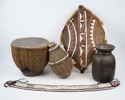 Trumma, sköld m.m, 5 delar, trä/skinn, östra Afrika.