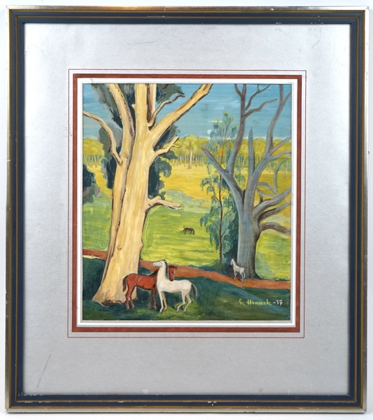 Eric Alsmark, ''Hästar vid ekbacken'', olja på pannå, signerad, 1937.