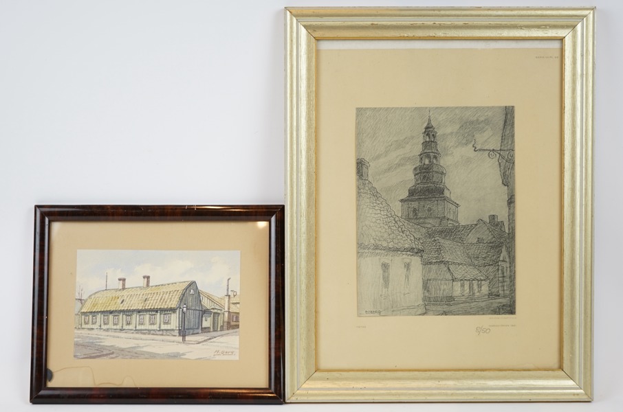 Tryck och akvarell, oidentifierad konstnär för akvarell signerad M. Borg, Tryck signerad i trycket Boberg, numrerad 8/50.