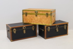 Koffertar, 3 st, trä/metall/skinn.