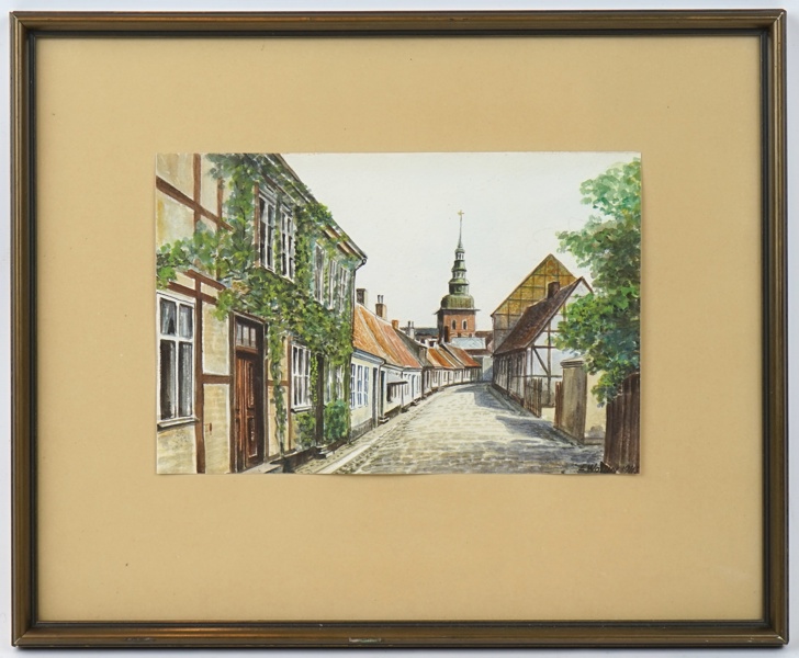 Edward Wollin, ''YSTAD Lilla Västergatan'', akvarell, signerad, 1945.