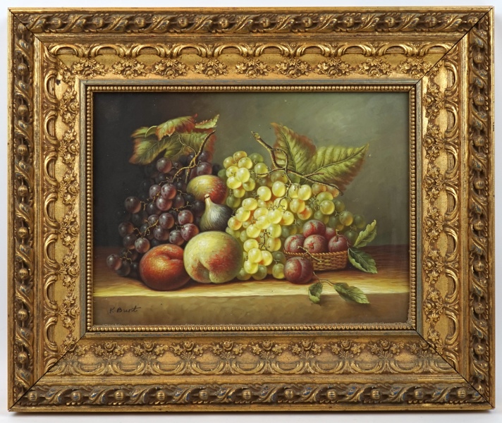 Oidentifierad konstnär, stilleben, olja på pannå, signerad K. Burt.