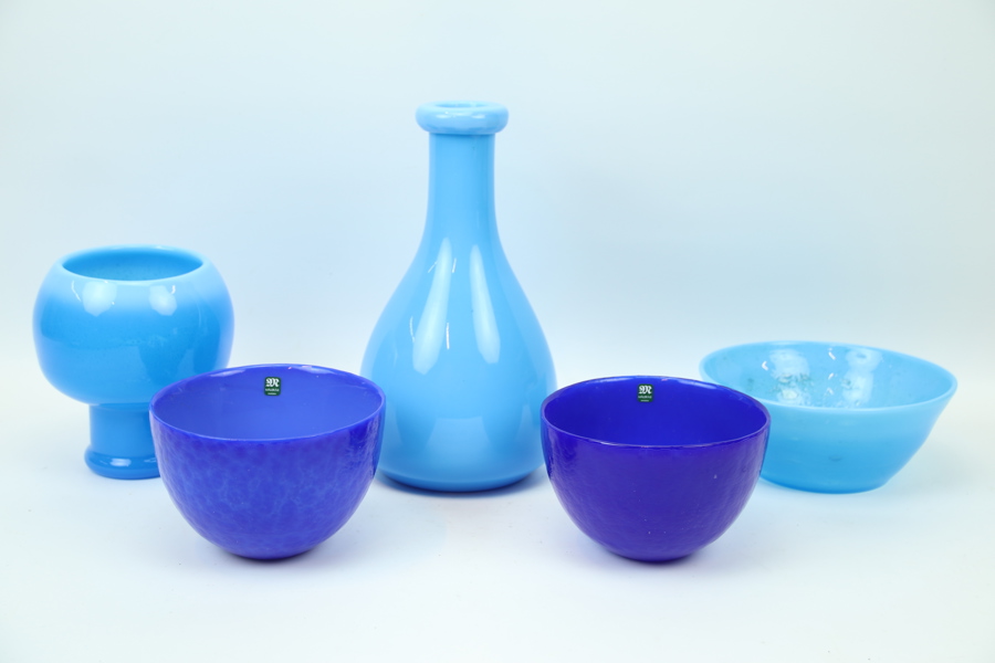 Skålar och vaser, 5 delar, glas, bl.a Eva Englund, Målerås.