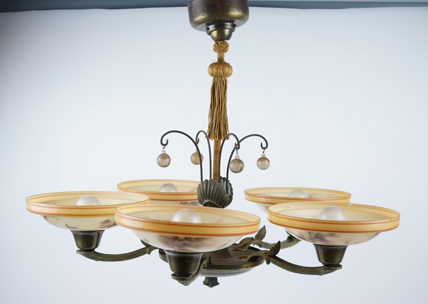 Takkrona, 5 ljuspunkter, metall/glas/textil.