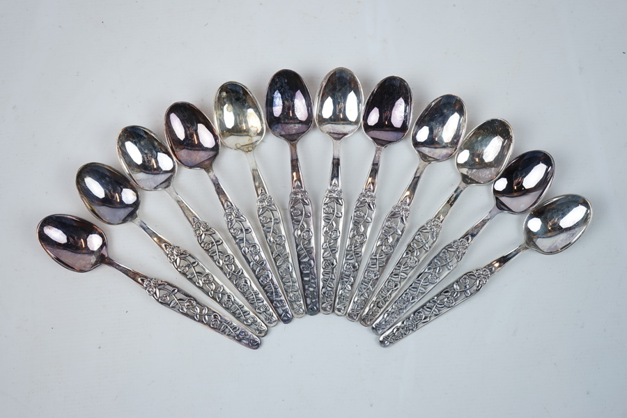 Kaffeskedar, 12 st, silver, "Rosenranka" GAB.