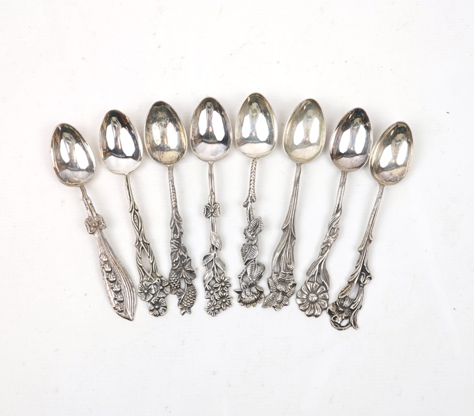 Kaffeskedar, 8 st, silver, "Svenska floran", GEWE.