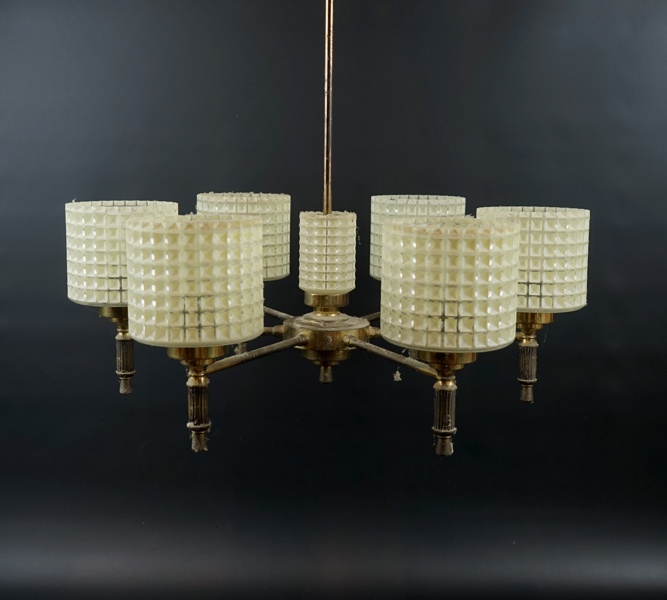 Taklampa, 6 ljuspunkter, glas/mässing.