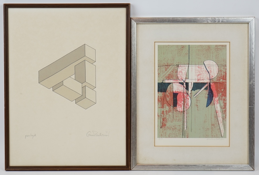 Oscar Reutersvärd och Anders Österlin, litografier, 2 st, provtryck och nr 18/110, signerade.