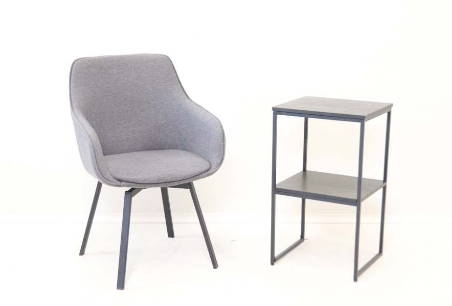 Karmstol, "Alison", med snurrfunktion, samt sidobord, textil/trä/metall.