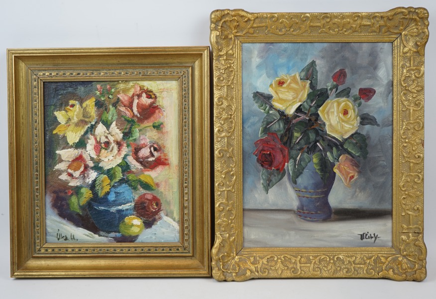 Oidentifierade konstnärer, blomsterstilleben, 2 st, olja på duk, otydligt signerade.