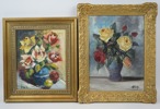 Oidentifierade konstnärer, blomsterstilleben, 2 st, olja på duk, otydligt signerade.