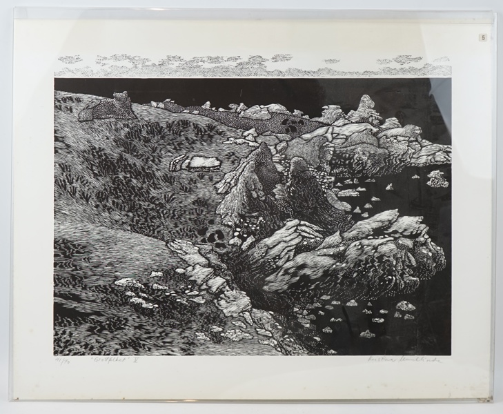 Kristina Munklinde, ''Grottfolket V'', linoleumsnitt nr 41/70, signerad.