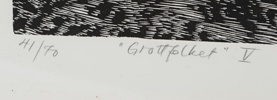Kristina Munklinde, ''Grottfolket V'', linoleumsnitt nr 41/70, signerad.