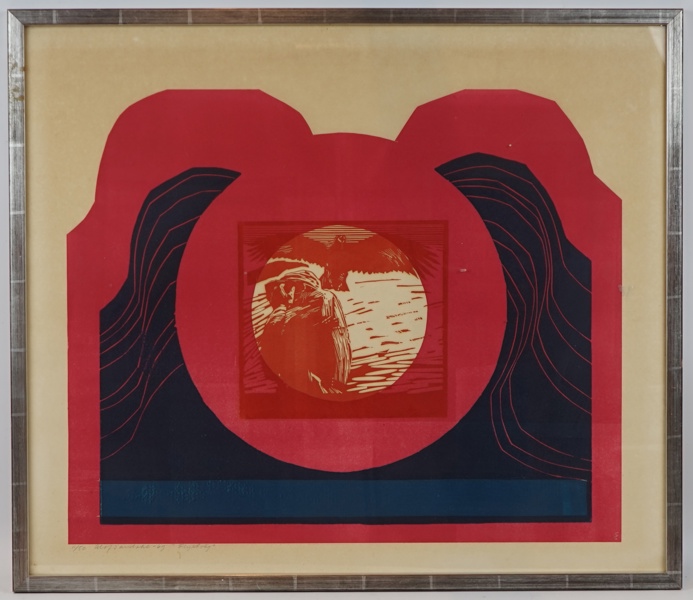 Olof Sandahl, ''Flyktväg'', linoleumsnitt nr 11/50, signerad, 1969.