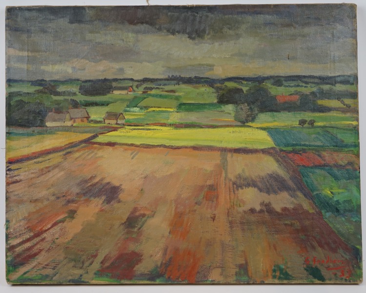 Gotthard Sandberg, ''Utsikt från S Åkarp'', olja på duk, signerad, 1933.