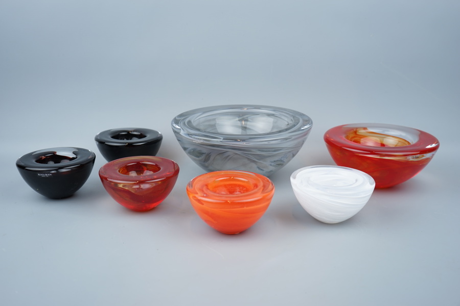 Anna Ehrner, skålar och ljuslyktor, 7 delar, glas, "Atoll", Kosta Boda.