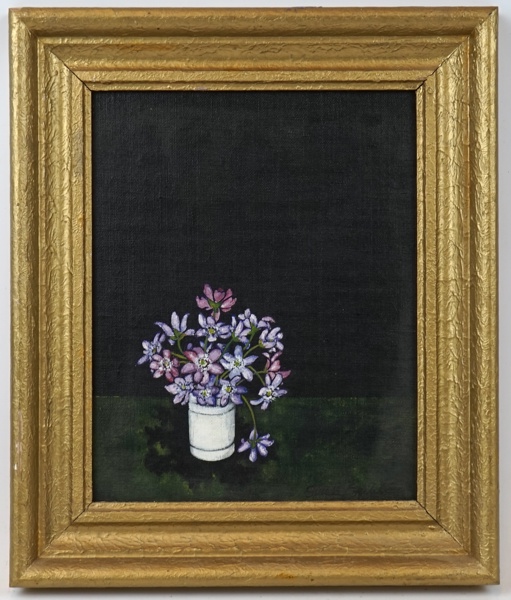 Gunda Eriksson, ''Blåsippor'', olja på duk uppklistrad på pannå, signerad.