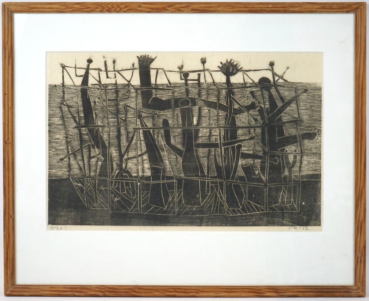 Torsten Renqvist, ''Fågna träd'', träsnitt nr 6/20, monogramsignerad, 1952.