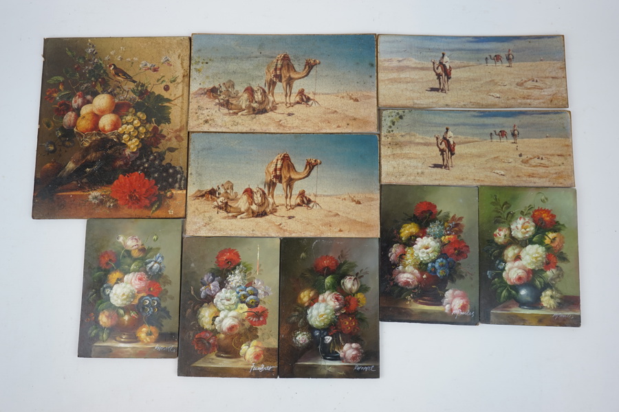 Miniatyrtavlor, 10 st, olja på papper uppklistrat på pannå, olika konstnärer, 5 st signerade.