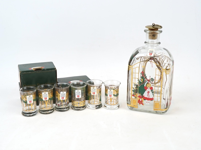 Snapsglas och flaska, 7 delar, glas, julmotiv, Holmegaard, Danmark, 1990-tal.