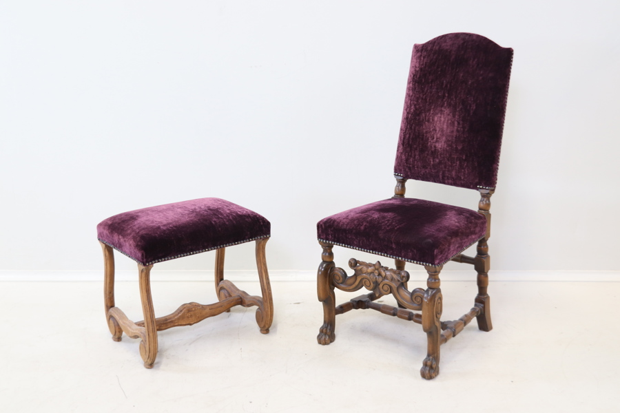 Stol, "Skokloster",  Nordiska Kompaniet, 1920-tal, samt pall, trä/textil.