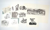 Lothar Sell, blyerts och träsnitt, 11 delar, signerade.