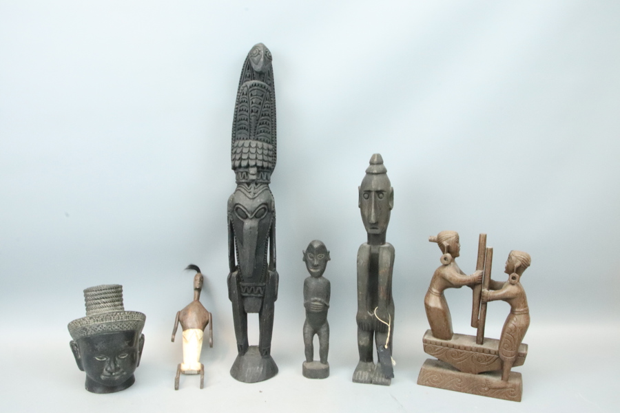 Skulpturer, 6 st, trä/metall, bl.a Timor och Bali.