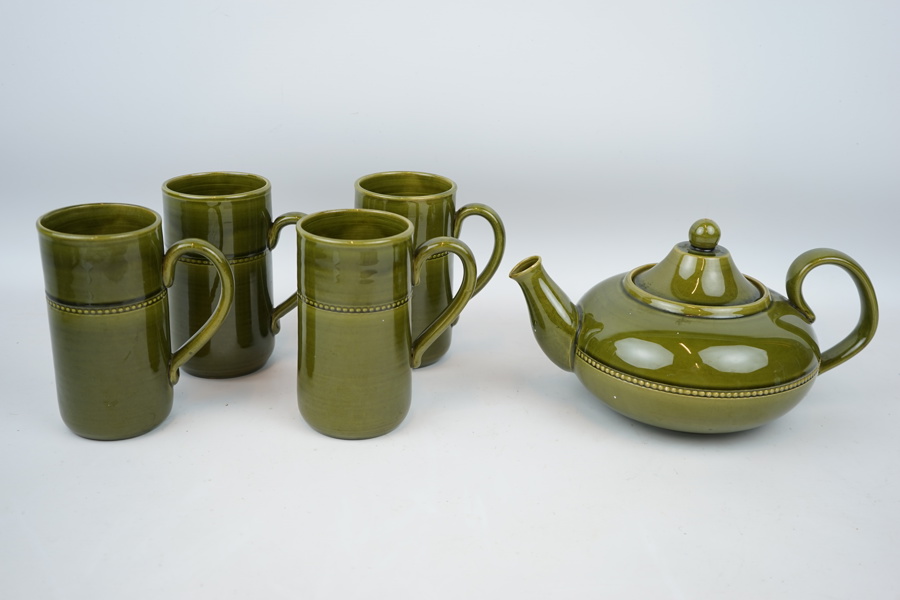 Tekanna och muggar, 5 delar, stengods, "Old Höganäs", Höganäs Keramik.