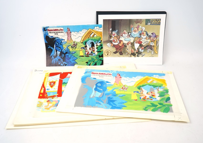 Disney, väggalmanacka och medföljande originalmålningar, samt tryck från Ward Kimball, signerad i trycket, Snövit och de sju dvärgarna.
