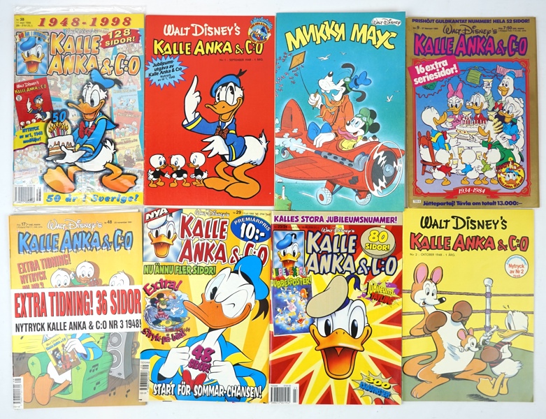 Kalle Anka och Musse Pigg, tidningar, 10 st, faksimiltryck/jubileumsutgåvor.