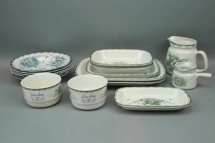 Matservisdelar, 16 st, porslin, "Grön Anna", Rörstrand.