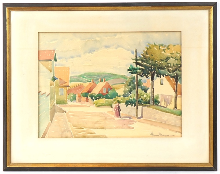 Henry Mayne, ''Allinge'',  akvarell, signerad, 1938.