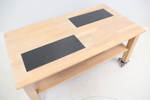 Soffbord, "Ystad", oljad ek, 2 infällda plattor i svart granit, Stenexpo.