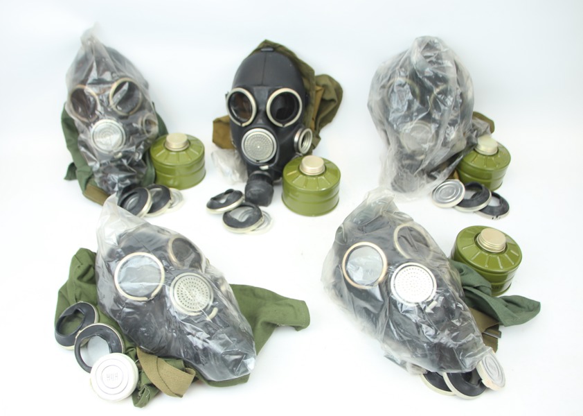Gasmasker, GP-7V, 5 st, med tillbehör och väskor, Ryssland.
