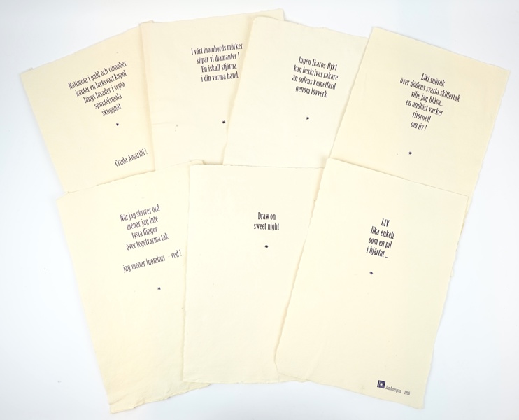 Jan Östergren, dikter, 7 st, tryck på papper, oramade.