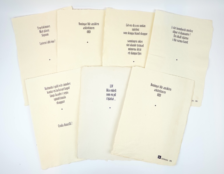 Jan Östergren, dikter, 7 st, tryck på papper, oramade.